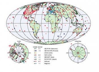  The distribution of global, national, and regional networks of digital, broadband seismograph stations, according to the inventory complied by the FDSN Working Group on Siting Plans, as of April, 1996. (Figure prepared by Robert Woodward, U. S. Geological Survey, Albuquerque Seismological Laboratory.) 